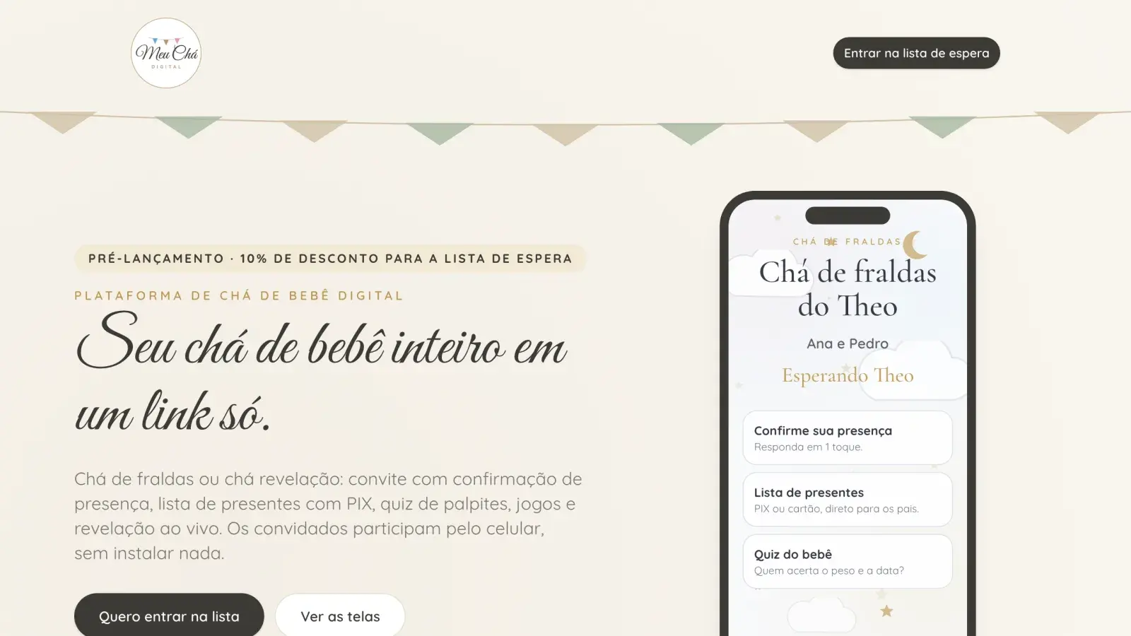 Página inicial do Meu Chá Digital com o slogan “Seu chá de bebê inteiro em um link só” e a prévia de um convite de chá de fraldas no celular
